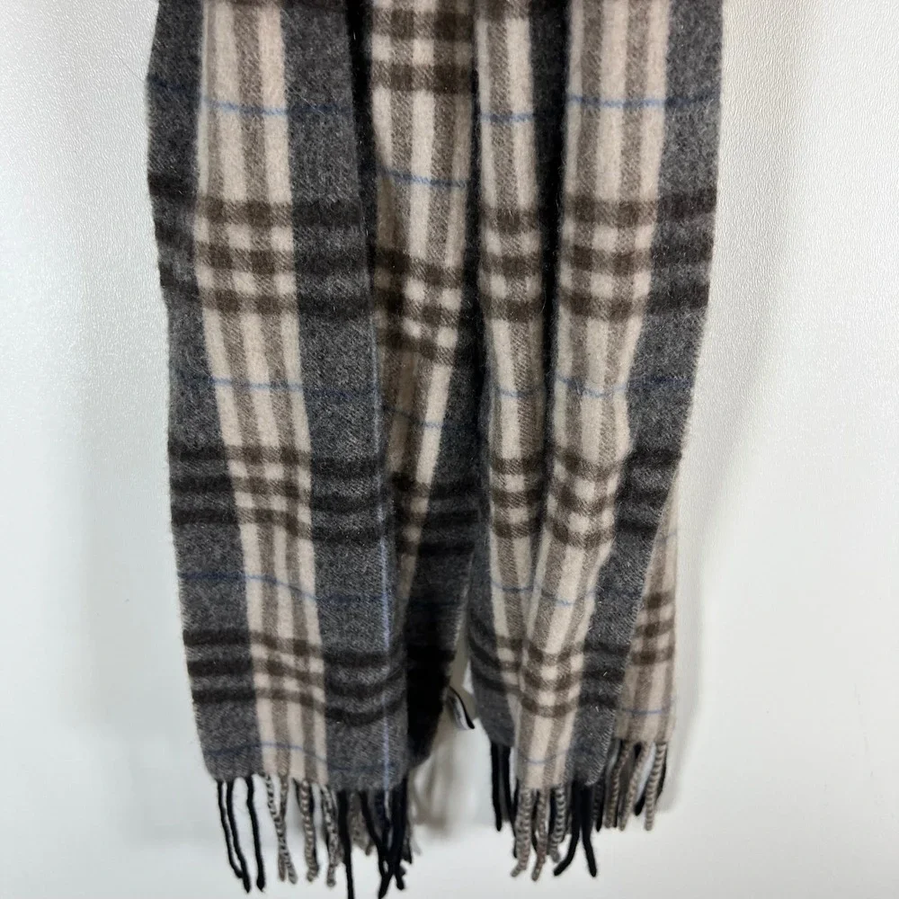 Enzo Mantovani Wool Cashmere Blend Plaid Scarf Grey Tan Black Fringe‎ RN 106630